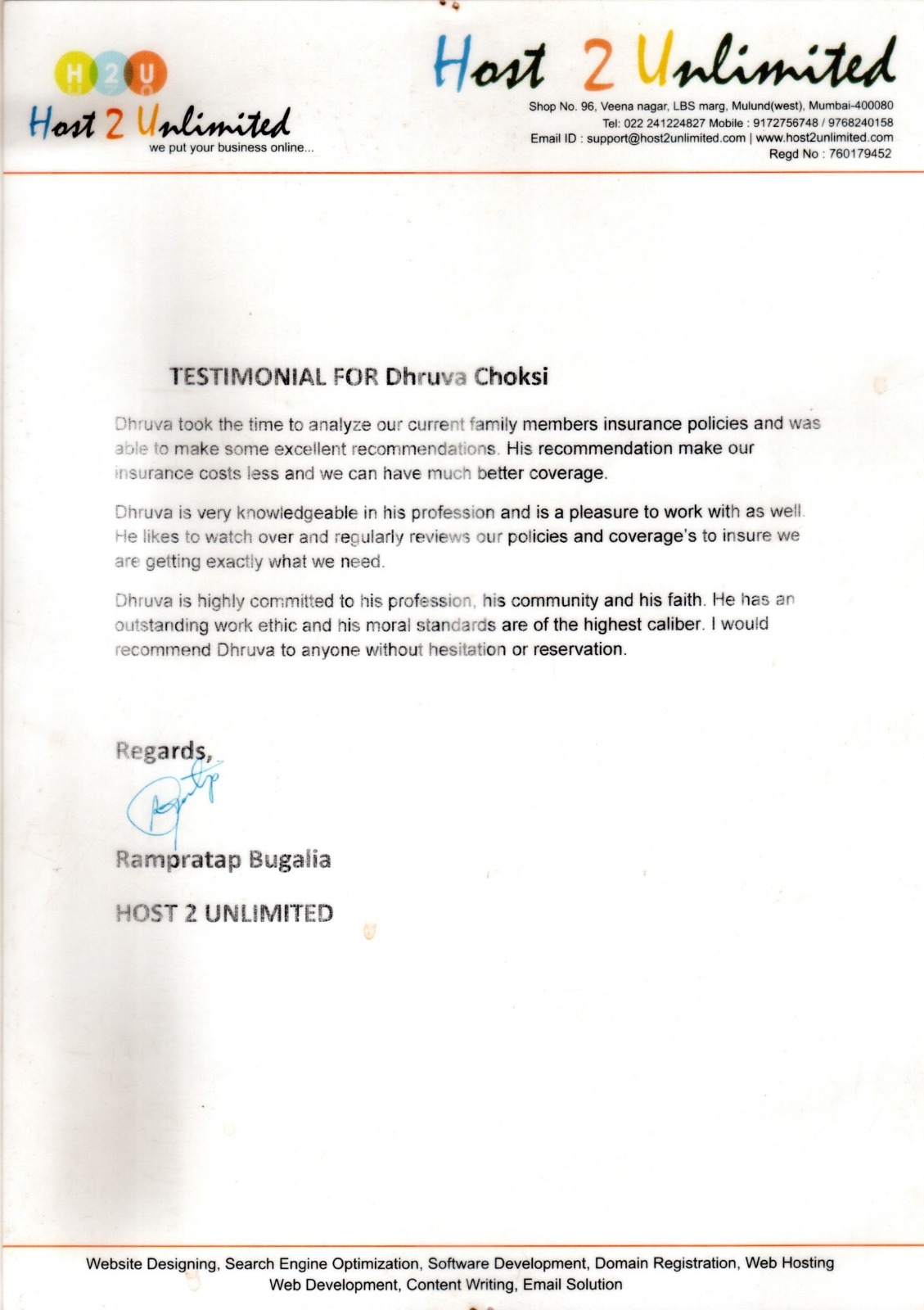 Testimonial letter from Rampratap Bugalia, Host 2 Unlimited